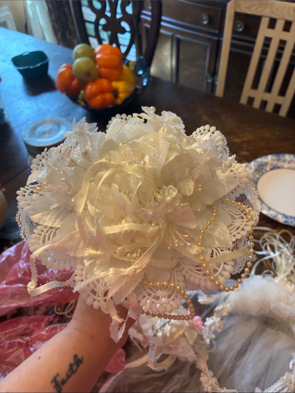White Lace Floral communion  flower bouquet  with Ribbons and Pearls